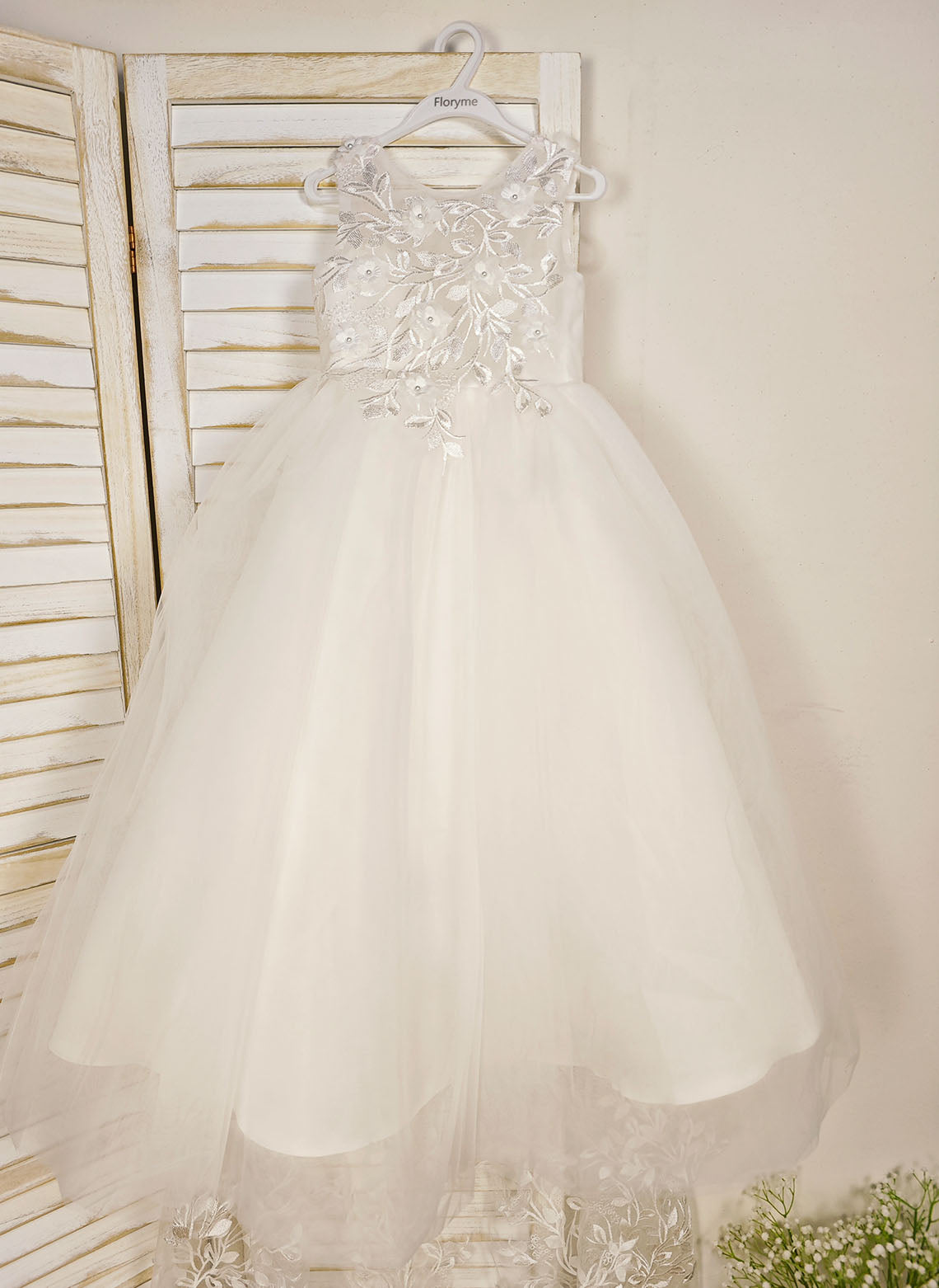 Floryme Ball-Gown Scoop Tulle/Satin Court Train Flower Girl Dress With 3D Flower/Pearl/Bow