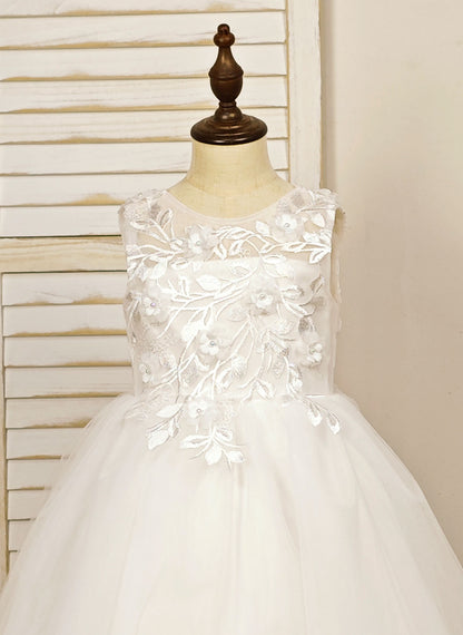 Floryme Ball-Gown Scoop Tulle/Satin Court Train Flower Girl Dress With 3D Flower/Pearl/Bow