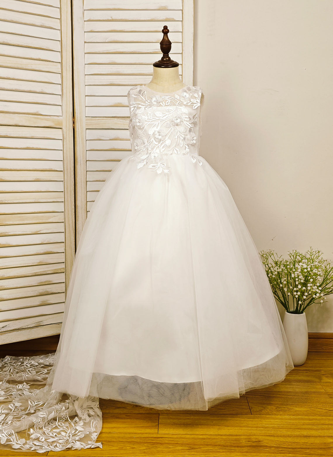 Floryme Ball-Gown Scoop Tulle/Satin Court Train Flower Girl Dress With 3D Flower/Pearl/Bow