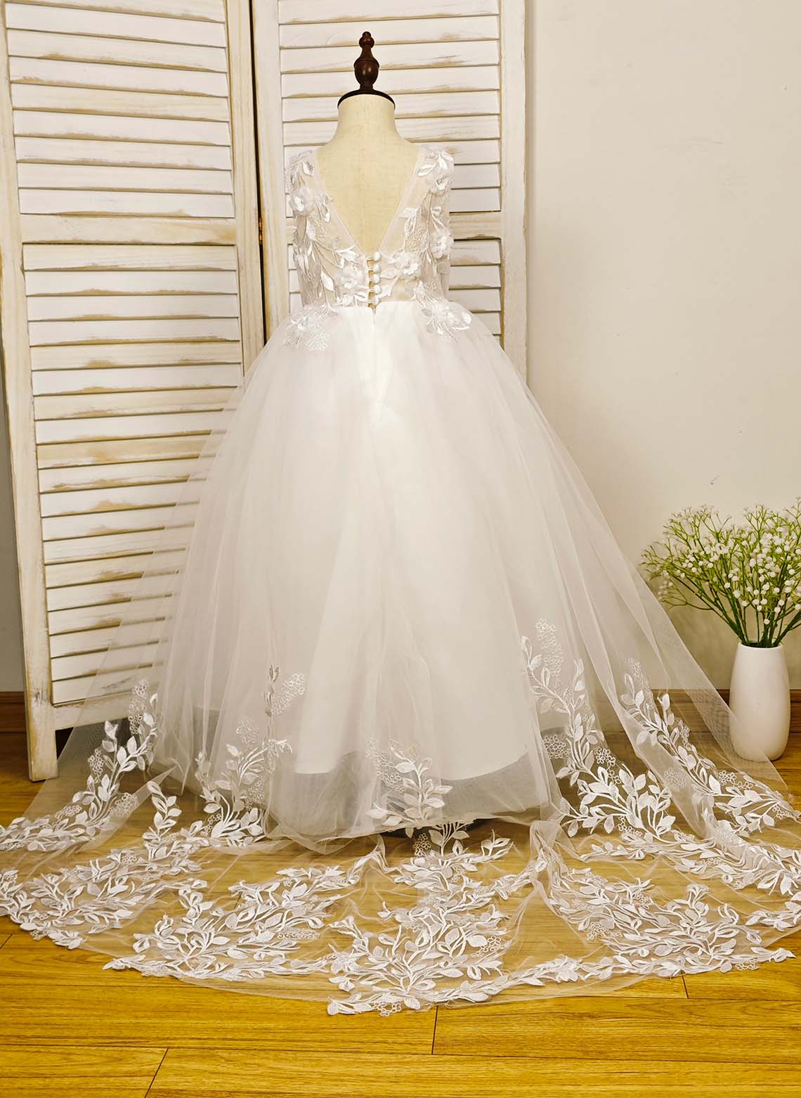 Floryme Ball-Gown Scoop Tulle/Satin Court Train Flower Girl Dress With 3D Flower/Pearl/Bow