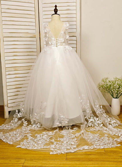 Floryme Ball-Gown Scoop Tulle/Satin Court Train Flower Girl Dress With 3D Flower/Pearl/Bow