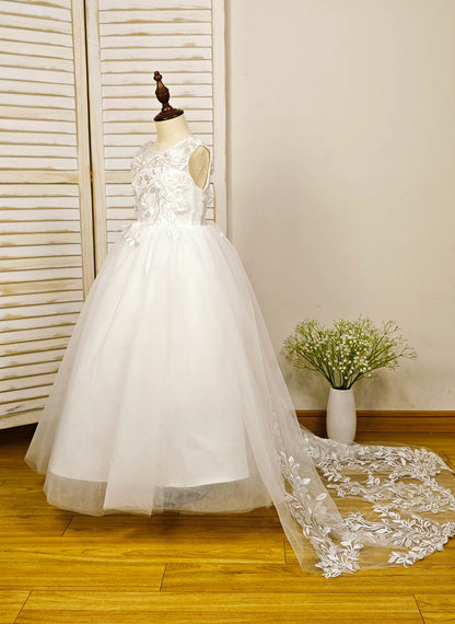 Floryme Ball-Gown Scoop Tulle/Satin Court Train Flower Girl Dress With 3D Flower/Pearl/Bow