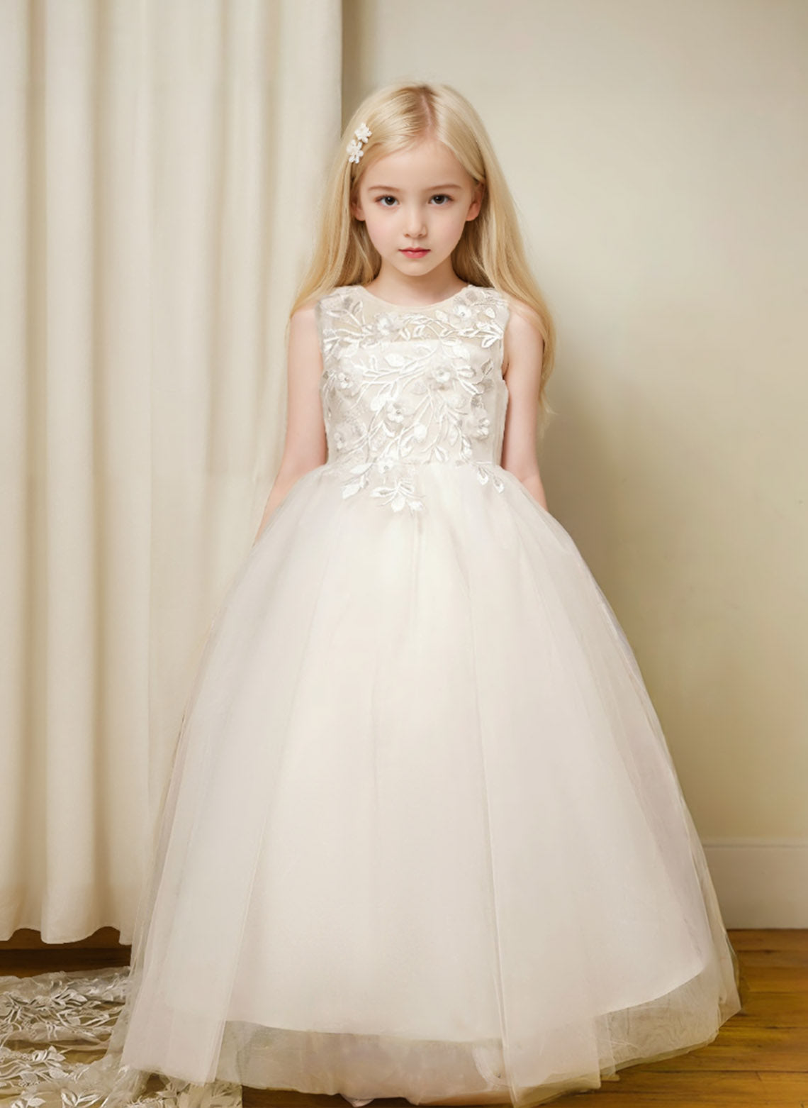 Floryme Ball-Gown Scoop Tulle/Satin Court Train Flower Girl Dress With 3D Flower/Pearl/Bow