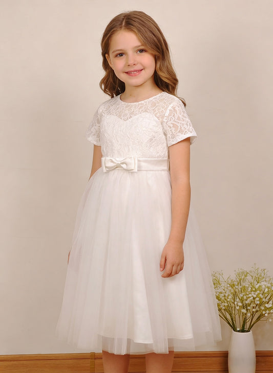 Floryme A-line Scoop Tulle/Lace Tea-length Flower Girl Dress With Bow