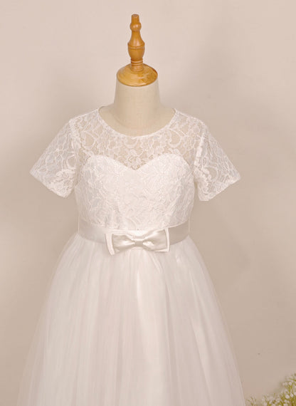 Floryme A-line Scoop Tulle/Lace Tea-length Flower Girl Dress With Bow