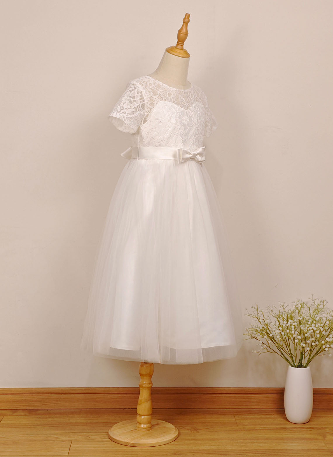 Floryme A-line Scoop Tulle/Lace Tea-length Flower Girl Dress With Bow