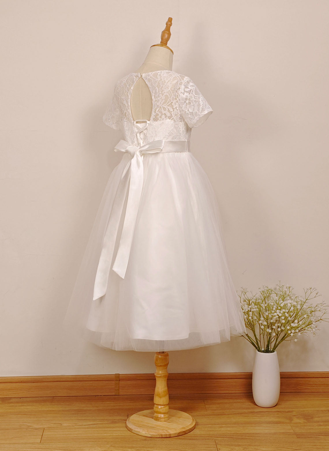 Floryme A-line Scoop Tulle/Lace Tea-length Flower Girl Dress With Bow