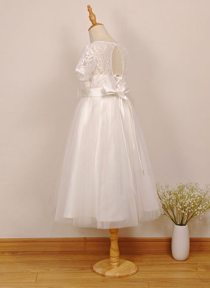 Floryme A-line Scoop Tulle/Lace Tea-length Flower Girl Dress With Bow