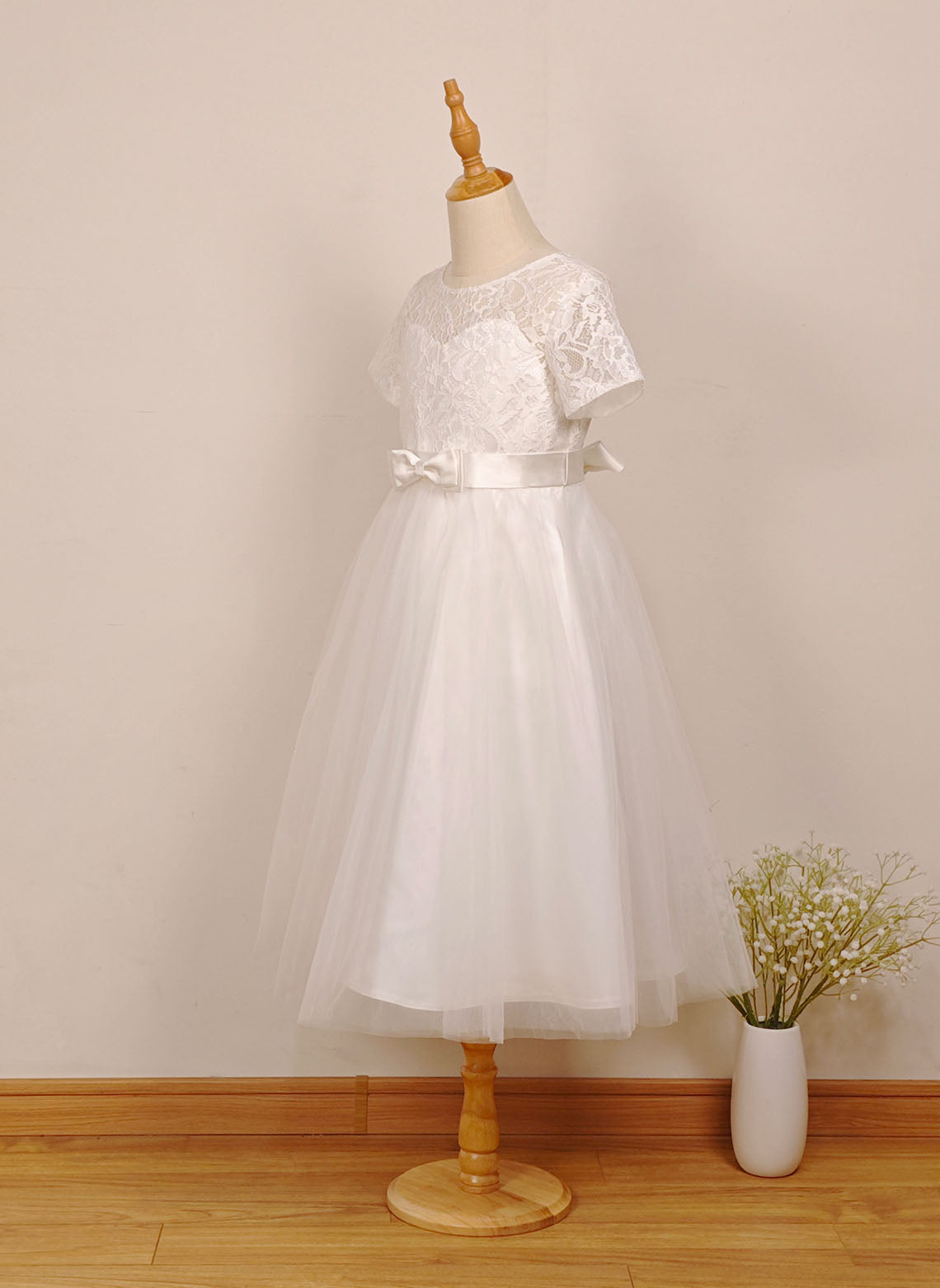 Floryme A-line Scoop Tulle/Lace Tea-length Flower Girl Dress With Bow