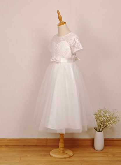 Floryme A-line Scoop Tulle/Lace Tea-length Flower Girl Dress With Bow