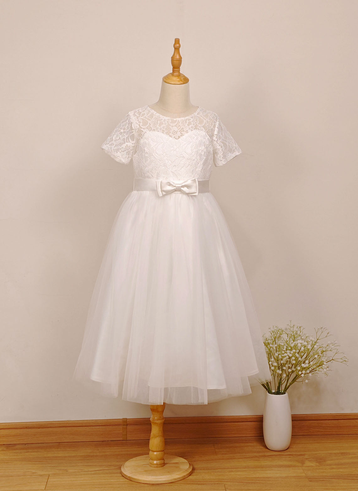 Floryme A-line Scoop Tulle/Lace Tea-length Flower Girl Dress With Bow