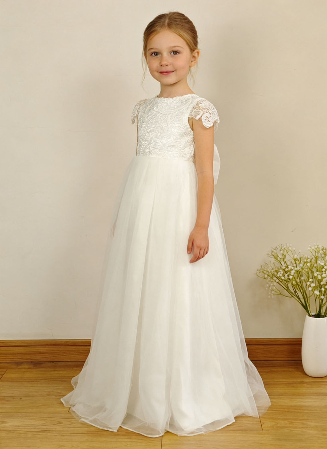 Floryme A-line Scoop Organza/Tulle/Lace Floor-length Flower Girl Dress With Bow