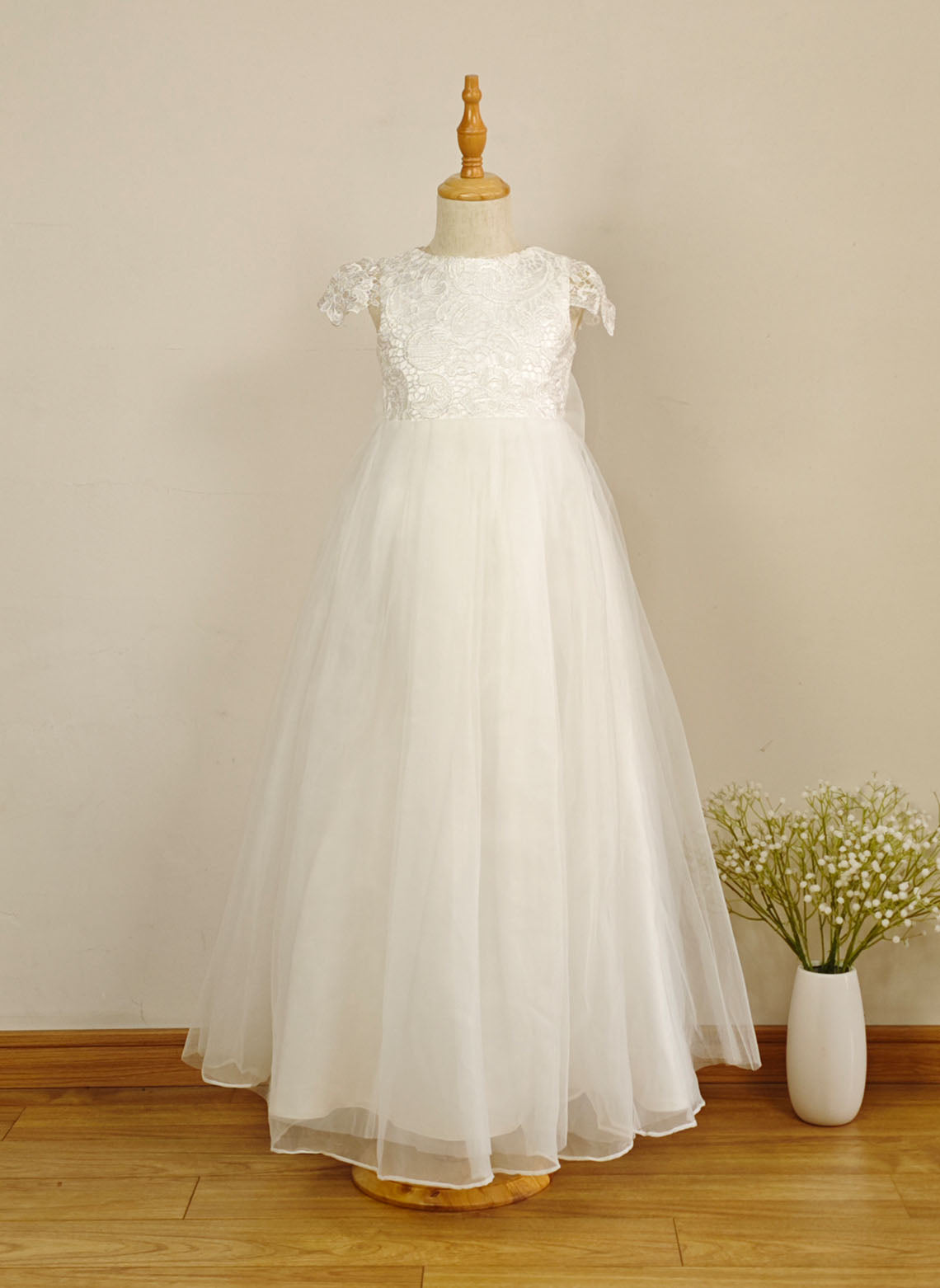 Floryme A-line Scoop Organza/Tulle/Lace Floor-length Flower Girl Dress With Bow