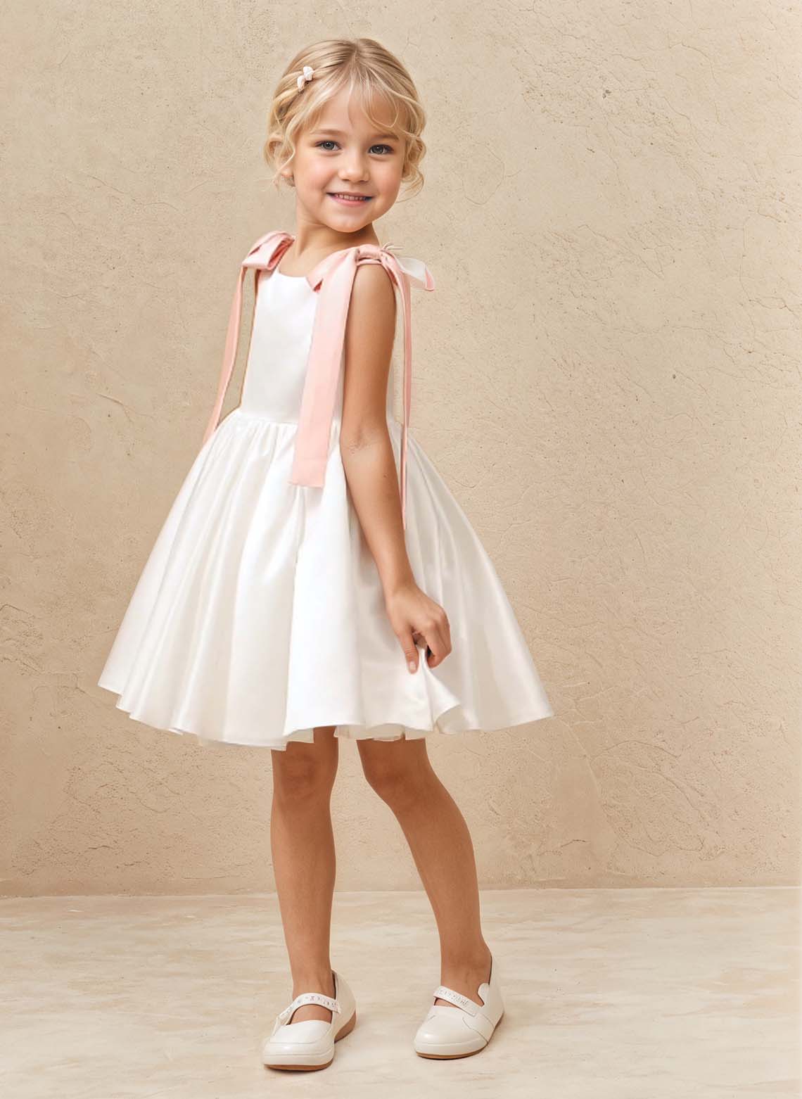 Floryme A-line Scoop Satin Knee-Length Flower Girl Dress With Bow