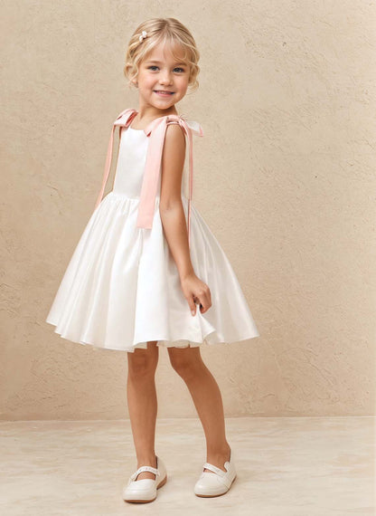Floryme A-line Scoop Satin Knee-Length Flower Girl Dress With Bow