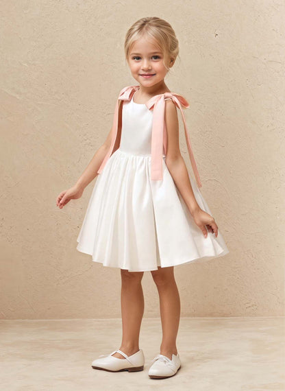 Floryme A-line Scoop Satin Knee-Length Flower Girl Dress With Bow
