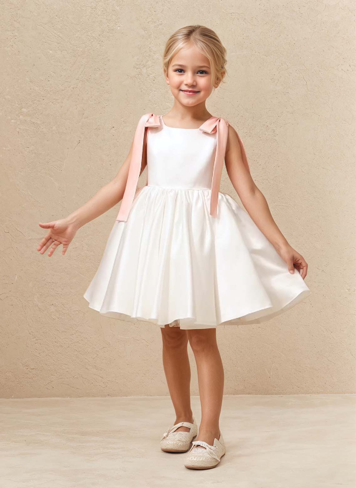 Floryme A-line Scoop Satin Knee-Length Flower Girl Dress With Bow