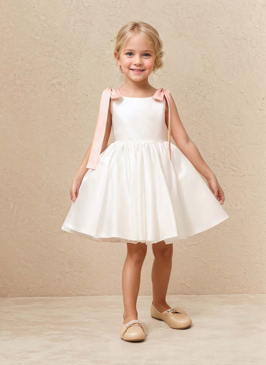 Floryme A-line Scoop Satin Knee-Length Flower Girl Dress With Bow