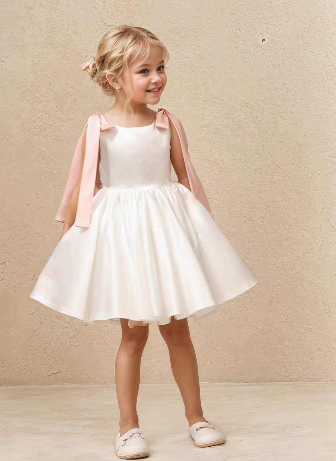 Floryme A-line Scoop Satin Knee-Length Flower Girl Dress With Bow