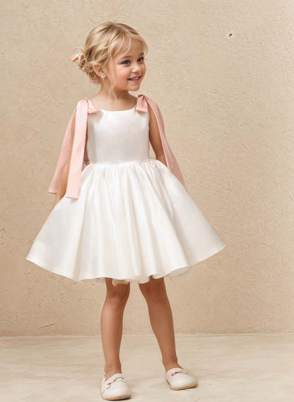 Floryme A-line Scoop Satin Knee-Length Flower Girl Dress With Bow
