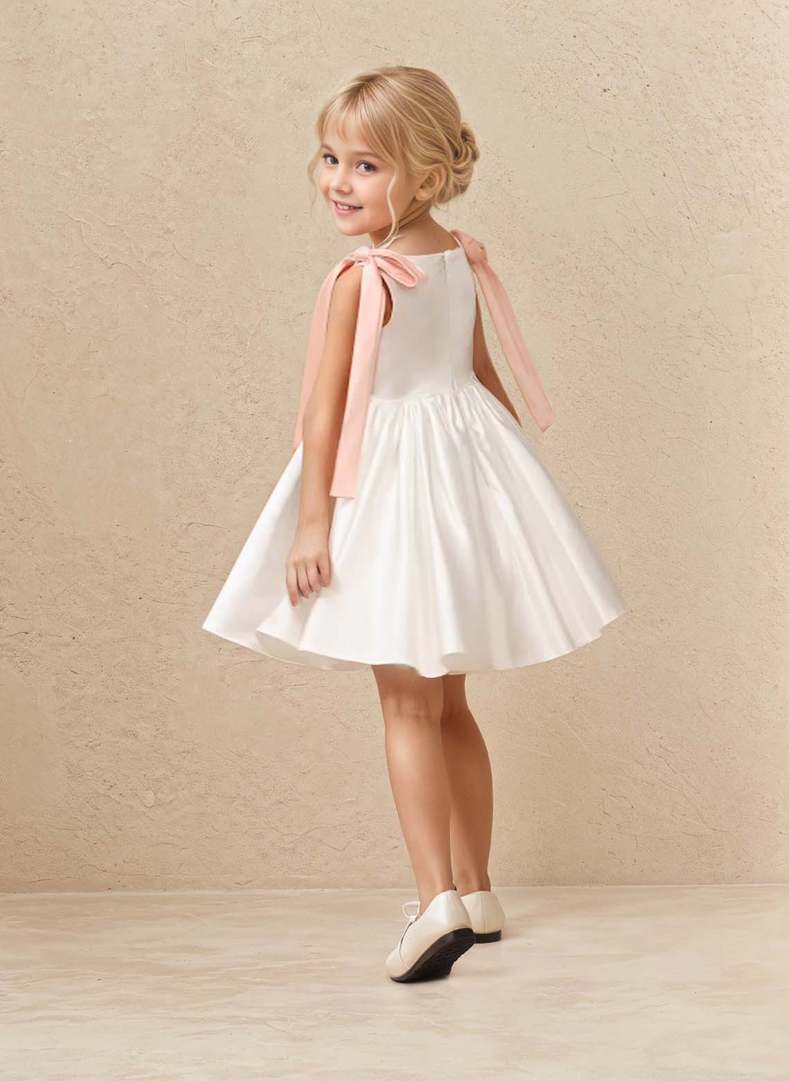 Floryme A-line Scoop Satin Knee-Length Flower Girl Dress With Bow