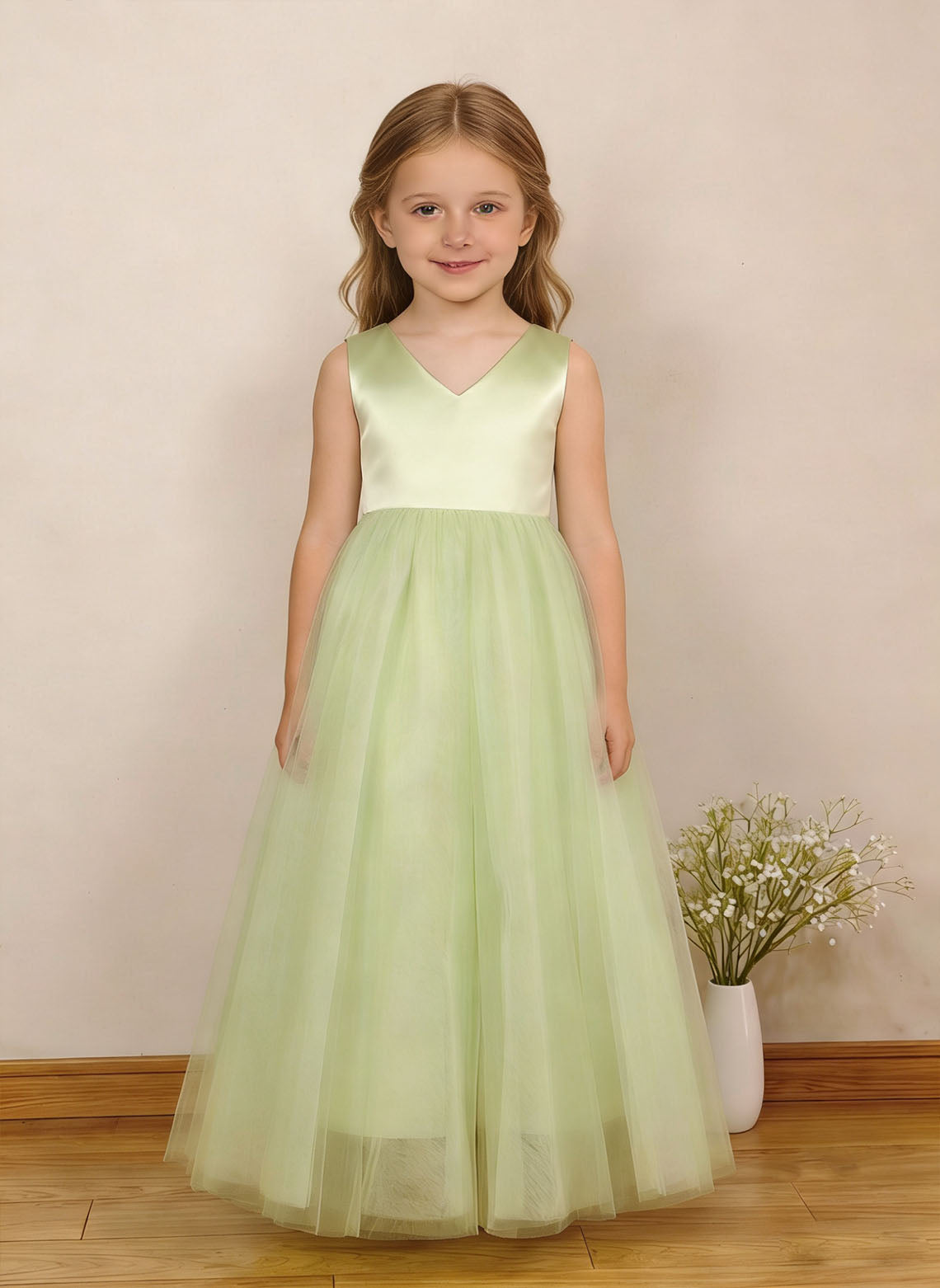 Floryme A-line V-Neck Satin/Tulle Ankle-Length Flower Girl Dress