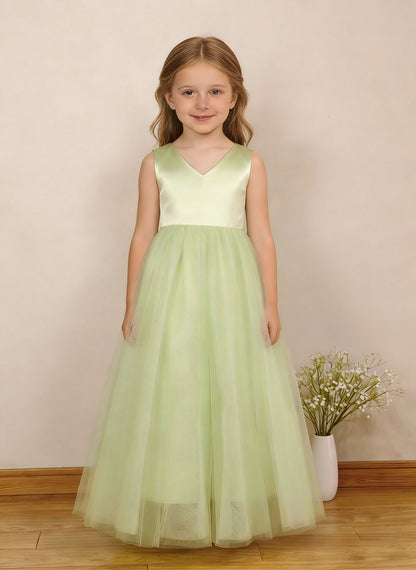 Floryme A-line V-Neck Satin/Tulle Ankle-Length Flower Girl Dress