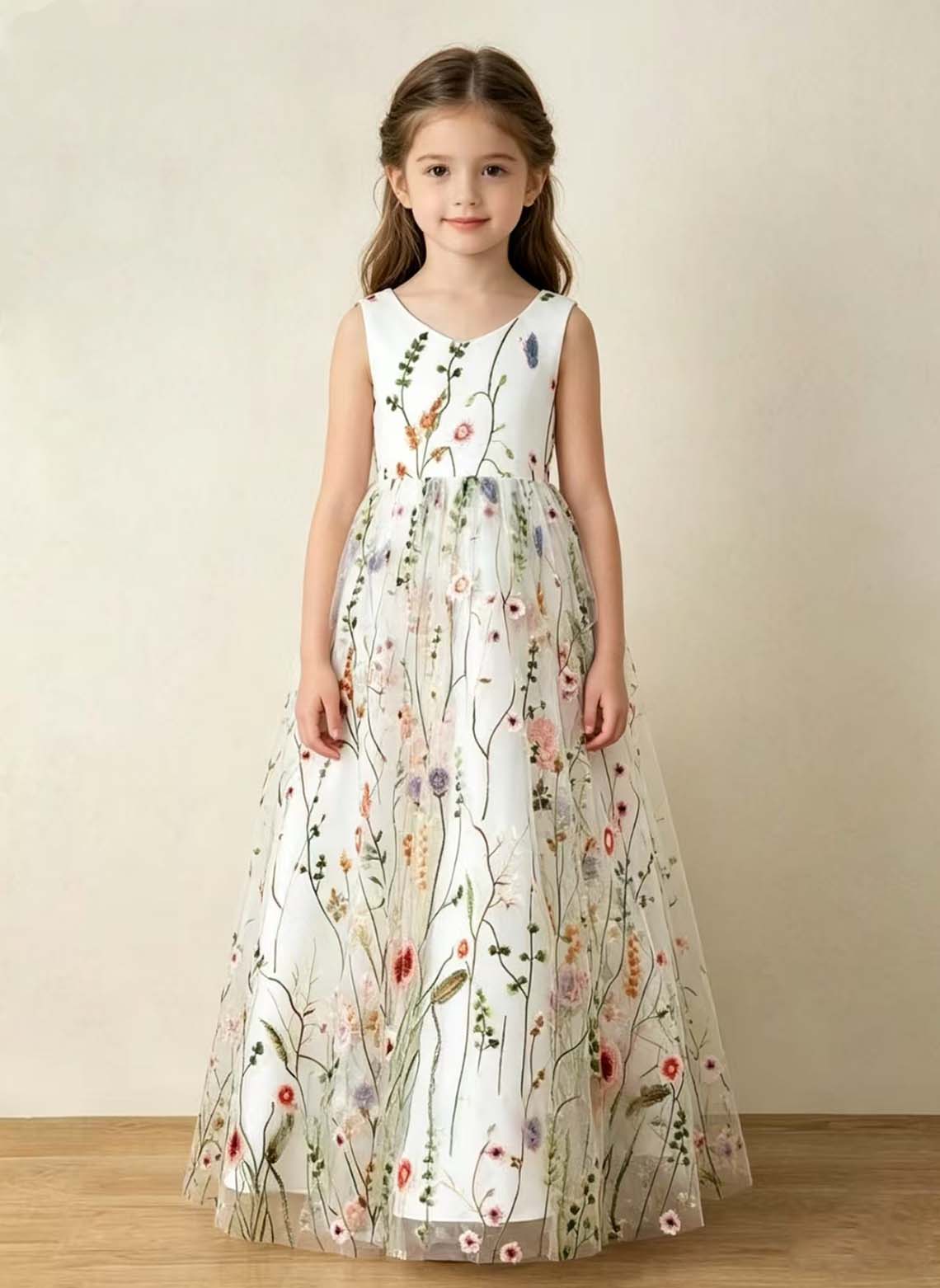 A-line V-Neck Lace/Floral Floor-Length Flower Girl Dress With Bow