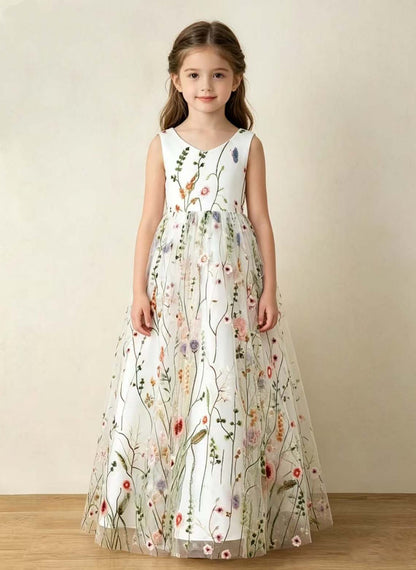 A-line V-Neck Lace/Floral Floor-Length Flower Girl Dress With Bow