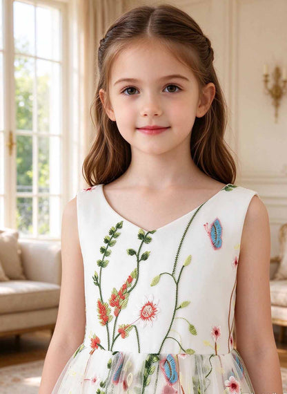 A-line V-Neck Lace/Floral Floor-Length Flower Girl Dress With Bow