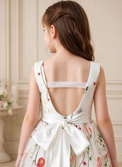 A-line V-Neck Lace/Floral Floor-Length Flower Girl Dress With Bow
