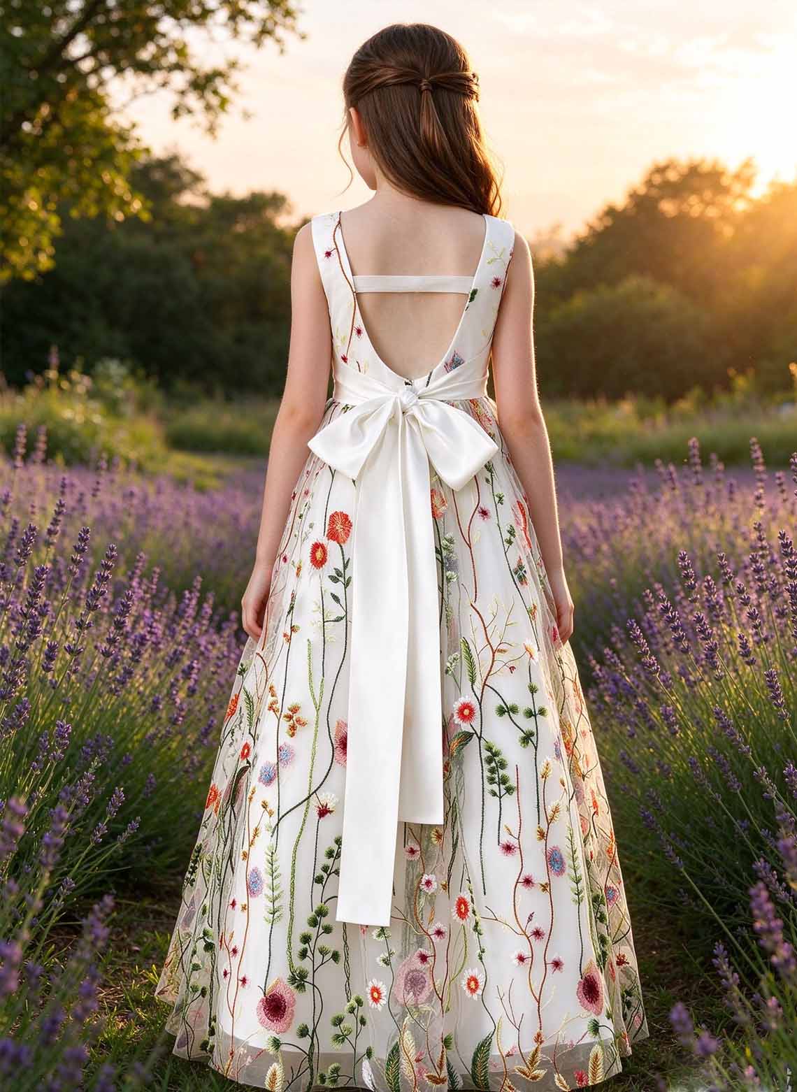 A-line V-Neck Lace/Floral Floor-Length Flower Girl Dress With Bow