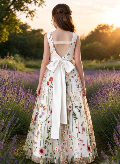 A-line V-Neck Lace/Floral Floor-Length Flower Girl Dress With Bow