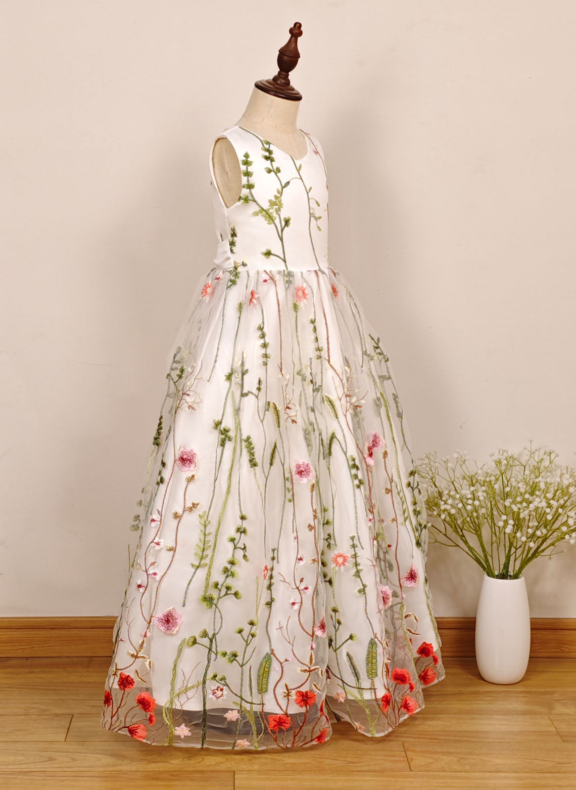 A-line V-Neck Lace/Floral Floor-Length Flower Girl Dress With Bow
