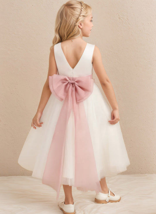 Floryme A-line Satin/Tulle Scoop Tea-Length Flower Girl Dress With Bow