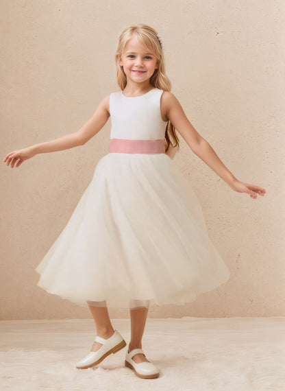 Floryme A-line Satin/Tulle Scoop Tea-Length Flower Girl Dress With Bow