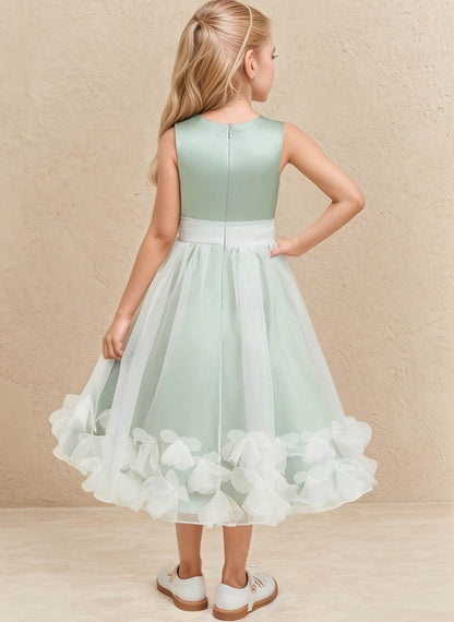 Floryme A-line Scoop Satin/Organza Tea-Length Flower Girl Dress With 3D Flowers