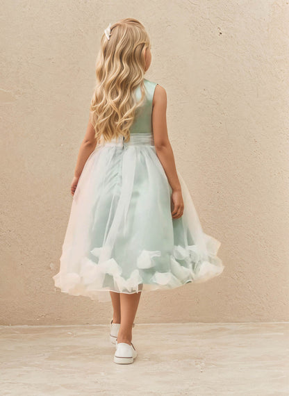Floryme A-line Scoop Satin/Organza Tea-Length Flower Girl Dress With 3D Flowers