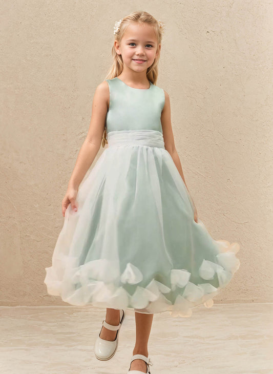 Floryme A-line Scoop Satin/Organza Tea-Length Flower Girl Dress With 3D Flowers