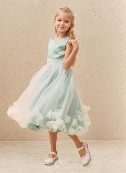 Floryme A-line Scoop Satin/Organza Tea-Length Flower Girl Dress With 3D Flowers