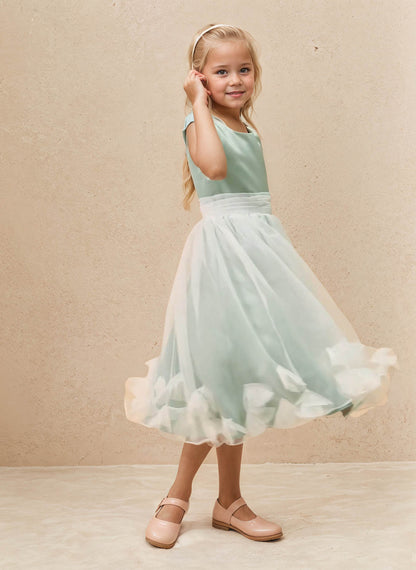 Floryme A-line Scoop Satin/Organza Tea-Length Flower Girl Dress With 3D Flowers