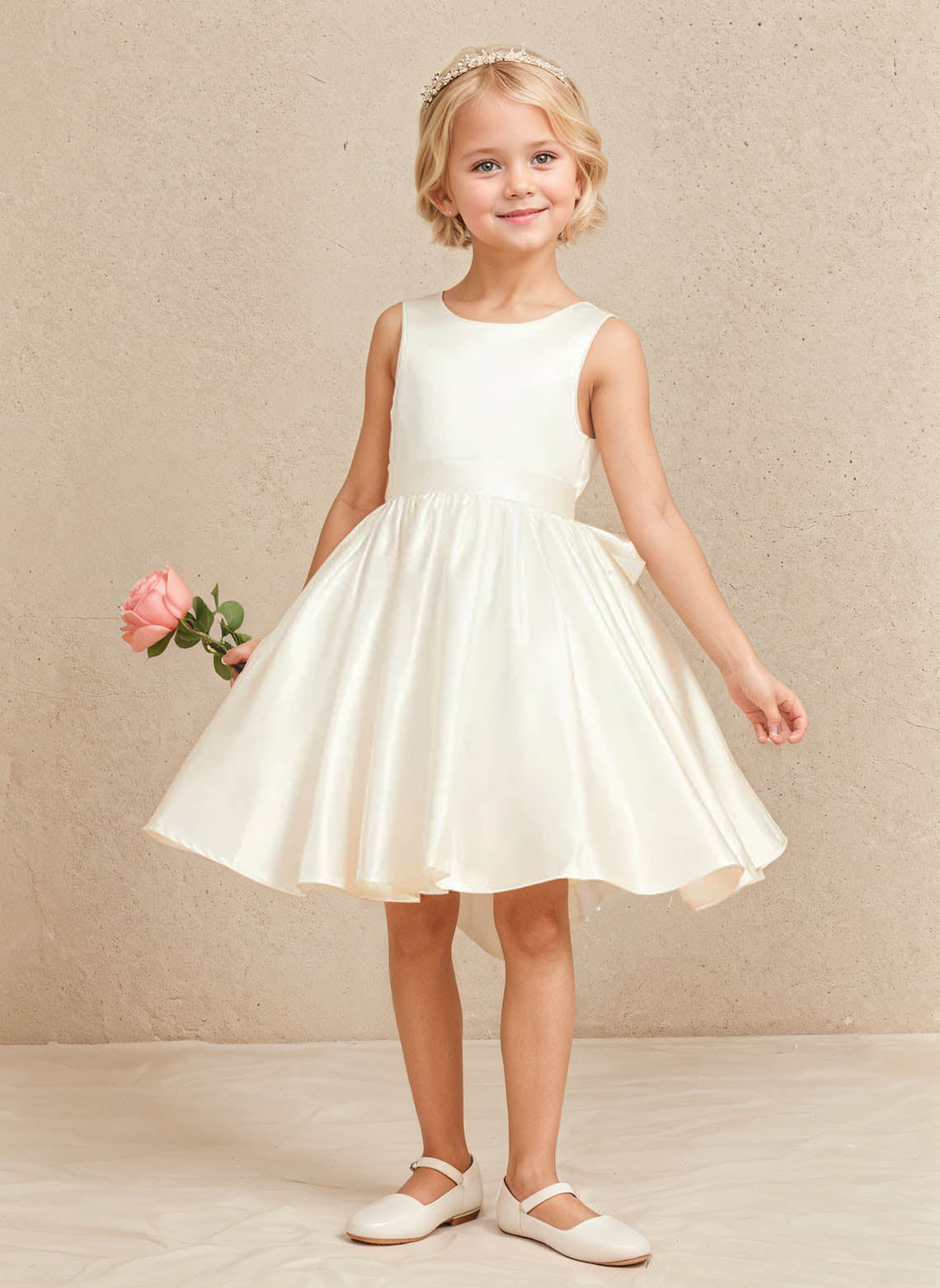 Floryme A-line Scoop Satin Knee-Length Flower Girl Dress With Bow