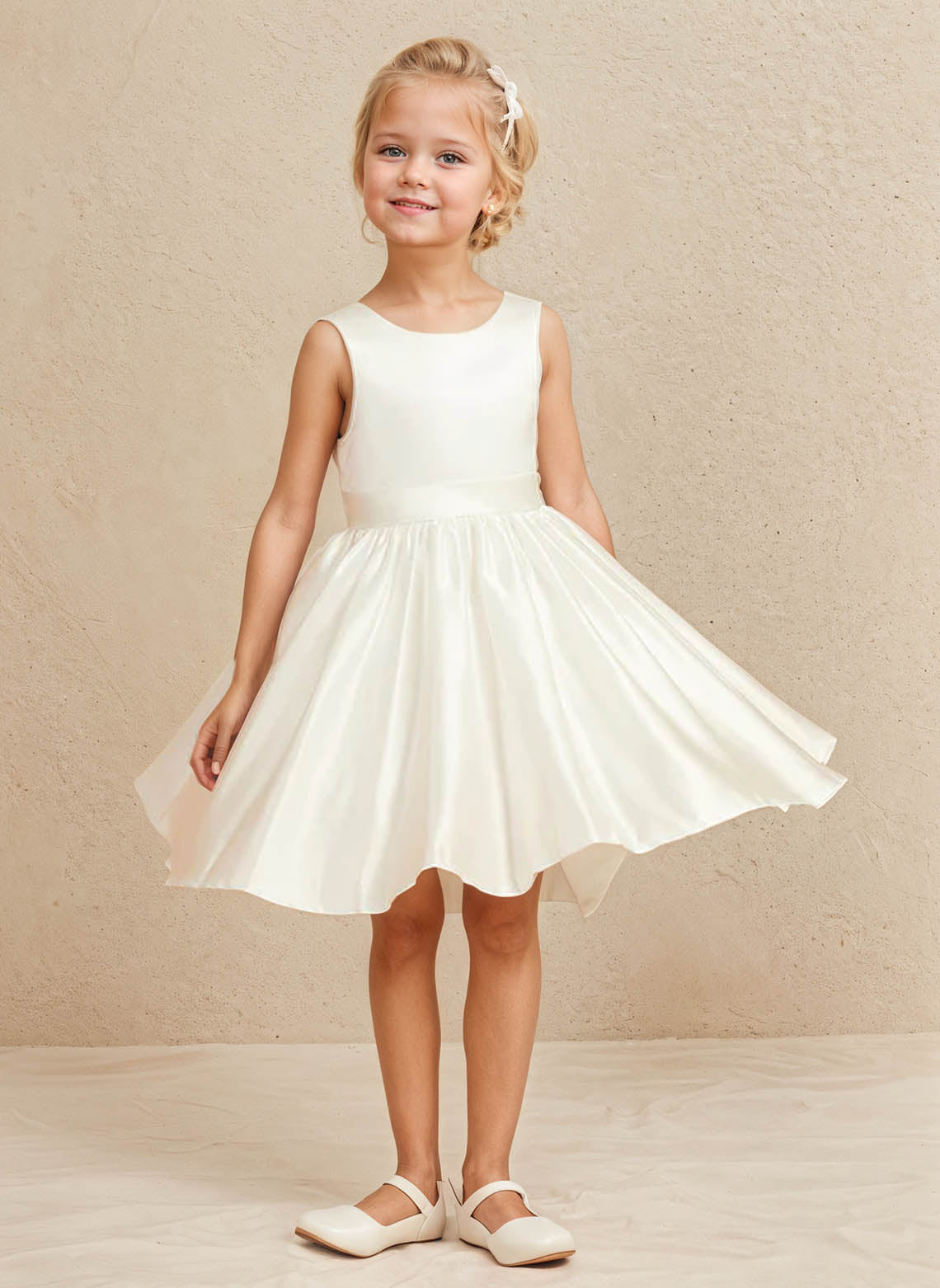 Floryme A-line Scoop Satin Knee-Length Flower Girl Dress With Bow
