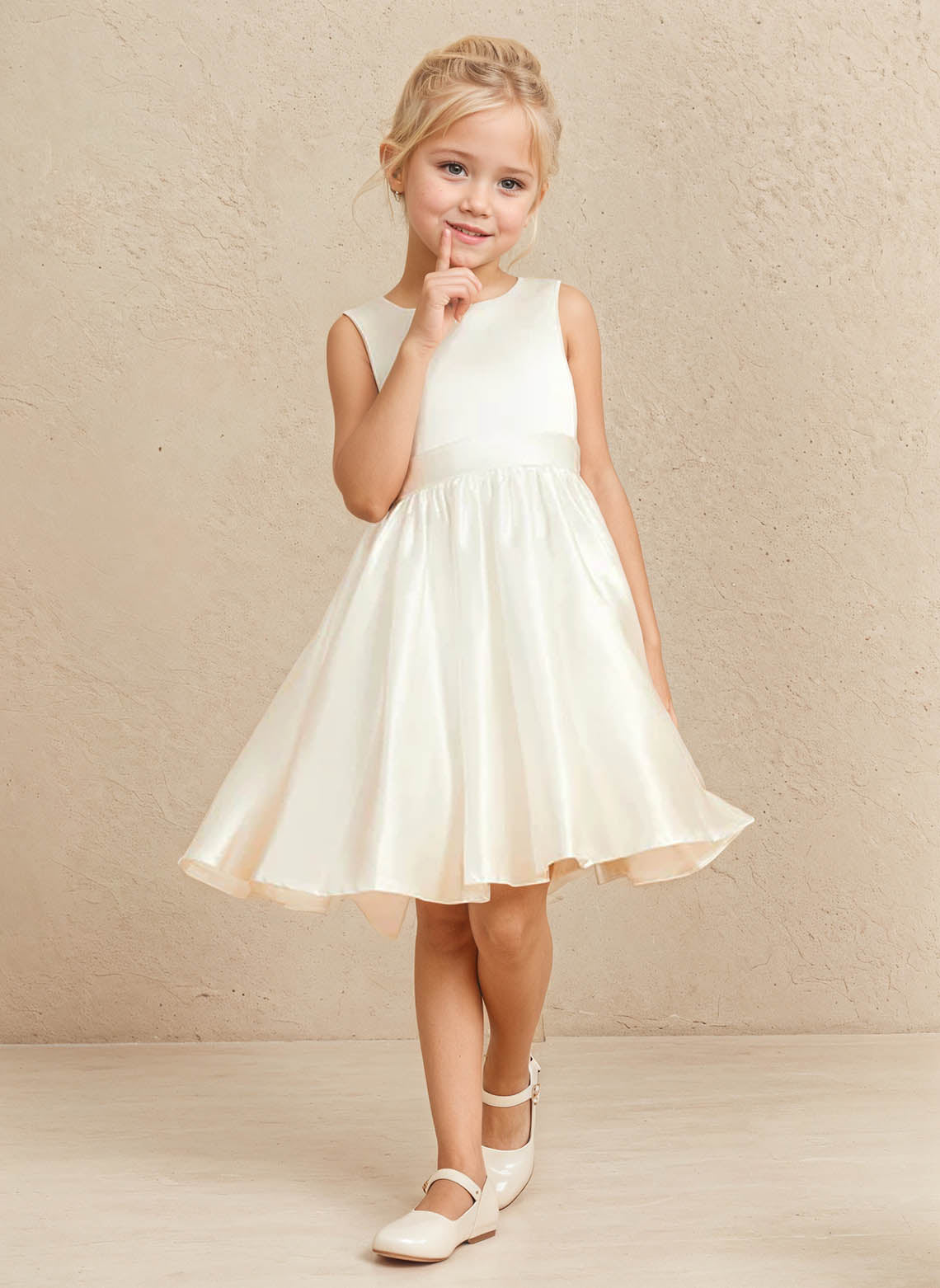 Floryme A-line Scoop Satin Knee-Length Flower Girl Dress With Bow