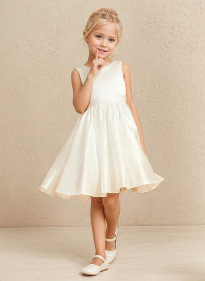 Floryme A-line Scoop Satin Knee-Length Flower Girl Dress With Bow