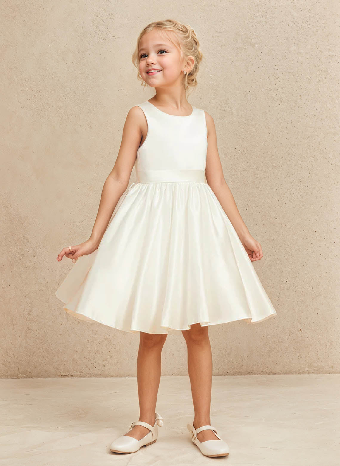 Floryme A-line Scoop Satin Knee-Length Flower Girl Dress With Bow