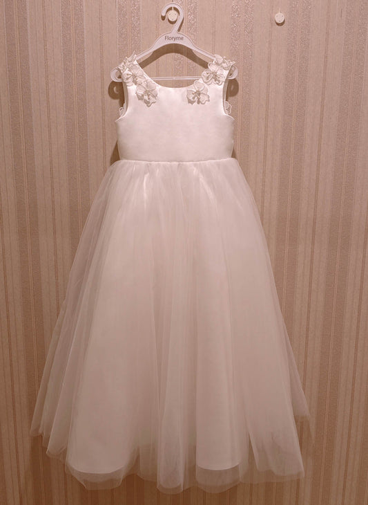 Floryme Ball-gown/Princess Scoop Neck Satin Tulle Floor-length Flower Girl Dress With Bow