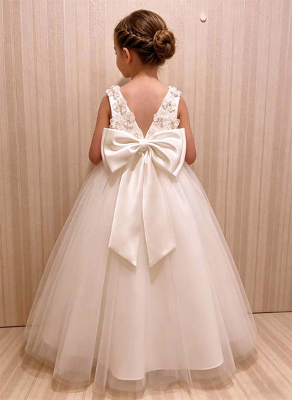 Floryme Ball-gown/Princess Scoop Neck Satin Tulle Floor-length Flower Girl Dress With Bow