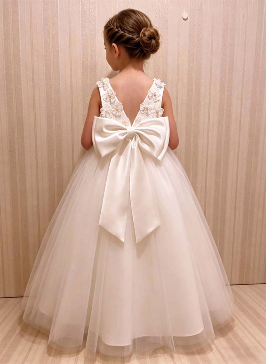 Floryme Ball-gown/Princess Scoop Neck Satin Tulle Floor-length Flower Girl Dress With Bow
