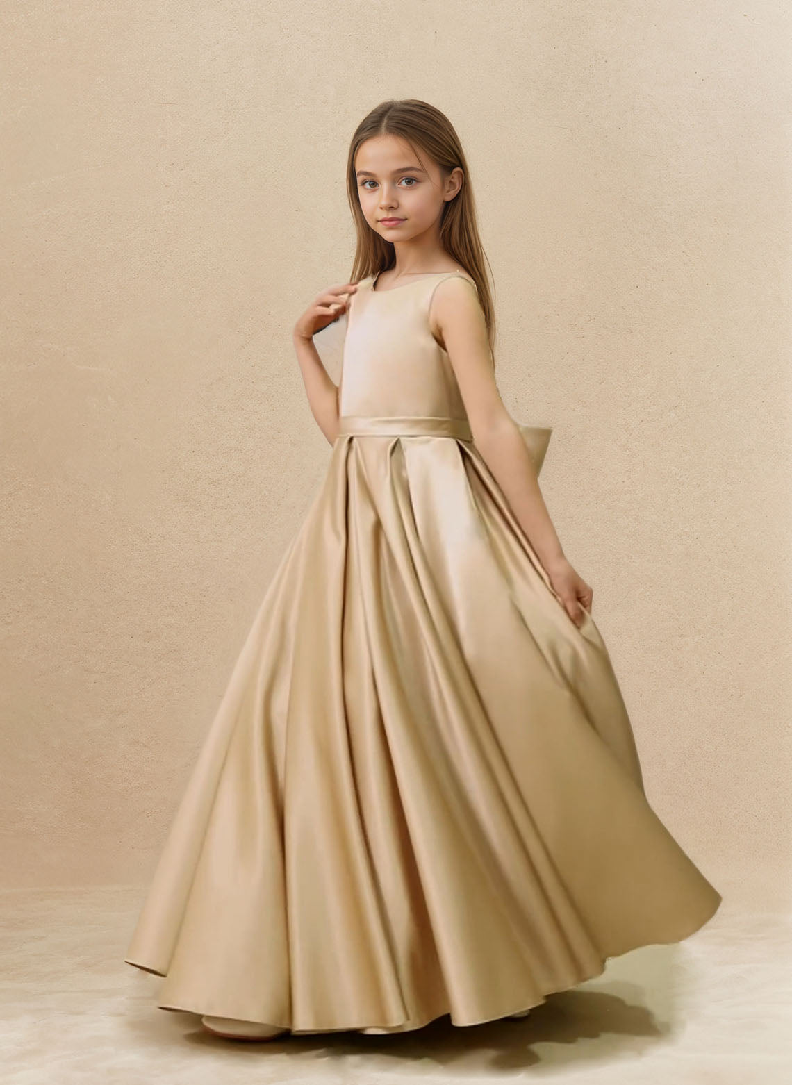 Floryme A-line Scoop Satin Floor-Length Flower Girl Dress With Bow